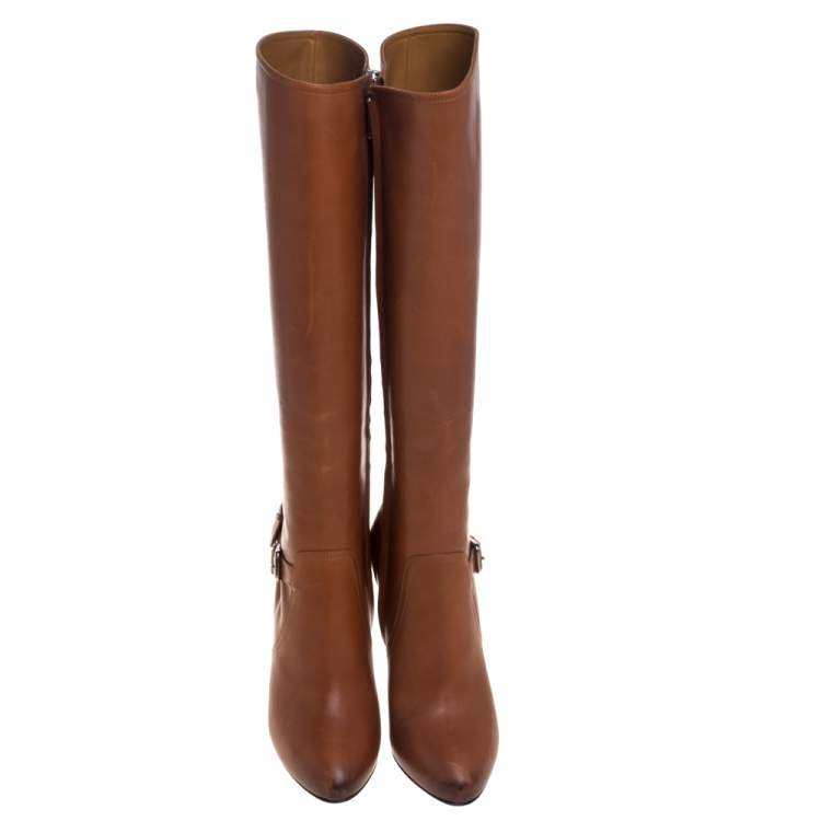 مملوكة مسبقًا Ralph Lauren  Brown Leather Vivera Buckle Detail Knee Length Boots Size 36.5