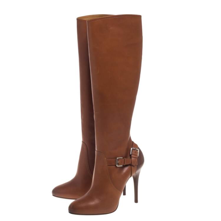 مملوكة مسبقًا Ralph Lauren  Brown Leather Vivera Buckle Detail Knee Length Boots Size 36.5