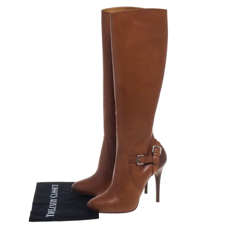 مملوكة مسبقًا Ralph Lauren  Brown Leather Vivera Buckle Detail Knee Length Boots Size 36.5