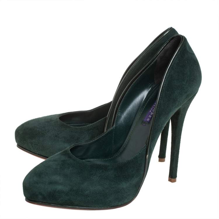 Pre Owned Ralph Lauren Dark Green Suede Platform Pumps Size 38