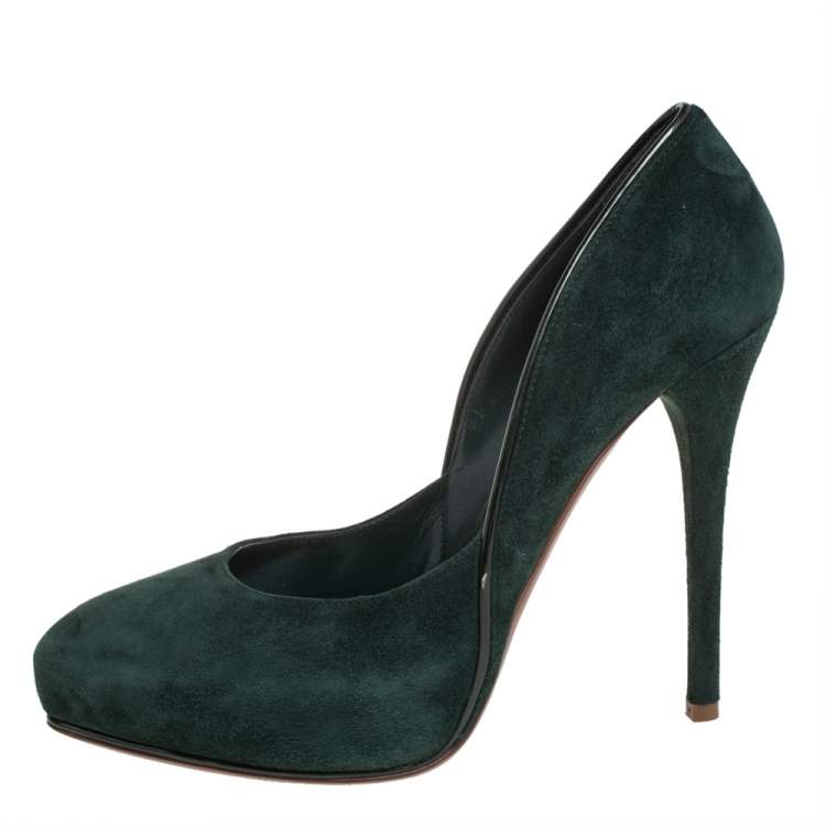 Pre Owned Ralph Lauren Dark Green Suede Platform Pumps Size 38