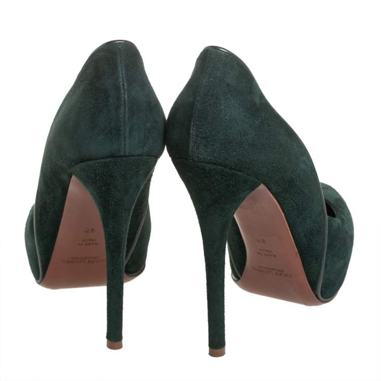 Pre Owned Ralph Lauren Dark Green Suede Platform Pumps Size 38
