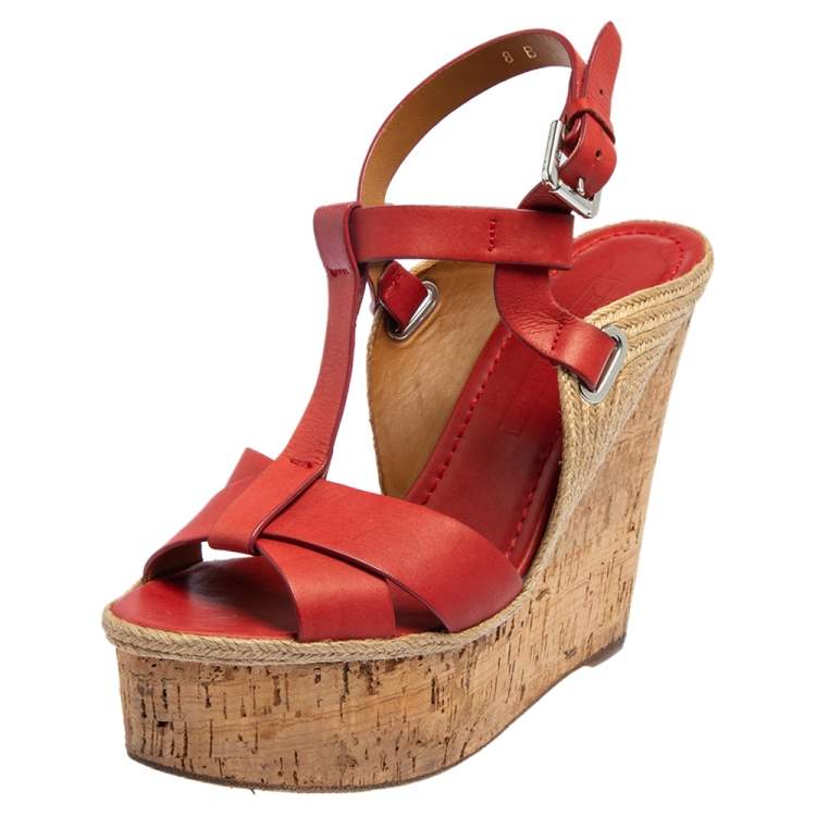 Ralph Lauren Red Leather T Strap Wedge Platform Sandals Size 38 Ralph Lauren  Collection | TLC