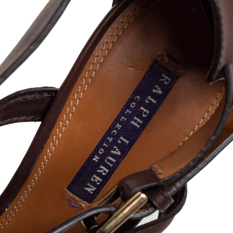 Pre Owned Ralph Lauren Collection Brown  Leather Ankle Strap  Sandals Size 40.5