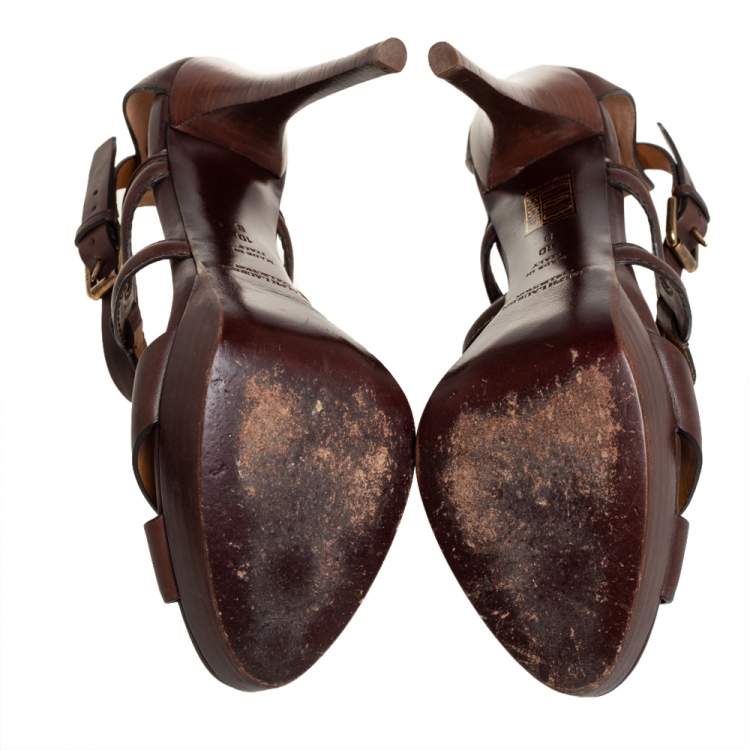 Pre Owned Ralph Lauren Collection Brown  Leather Ankle Strap  Sandals Size 40.5