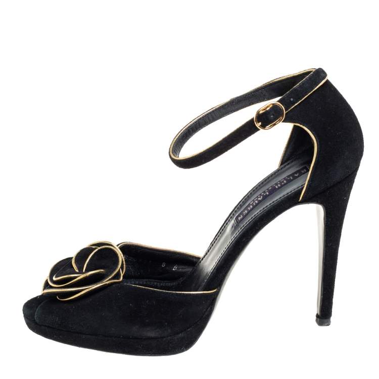 Pre Owned Ralph Lauren Collection Black Suede Rose Peep Toe Ankle Wrap Sandals 38