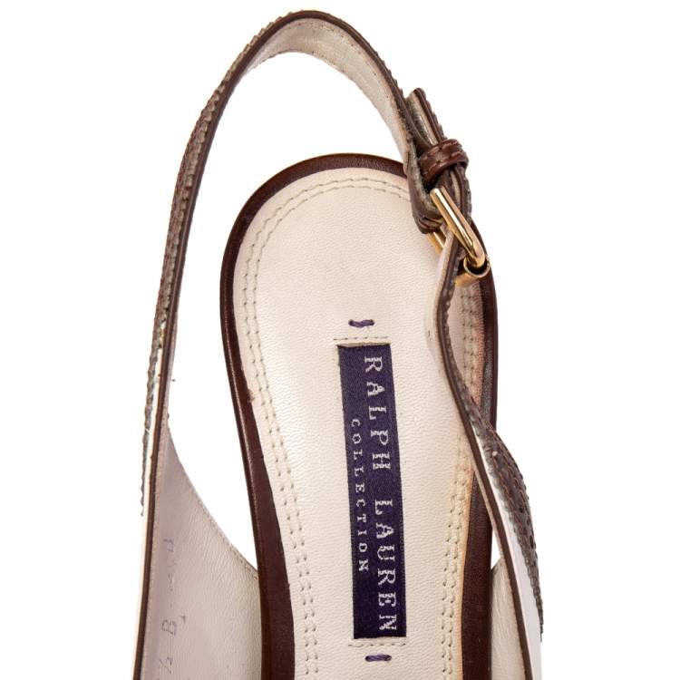 Pre Owned Ralph Lauren Collection White/Brown Leather Peep Toe Slingback Sandals Size 36.5