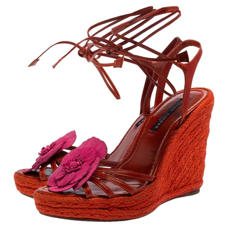 Pre Owned Ralph Lauren Collection Orange Leather Espadrille Wedge Sandals Size 38