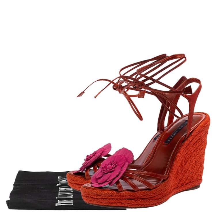 Pre Owned Ralph Lauren Collection Orange Leather Espadrille Wedge Sandals Size 38
