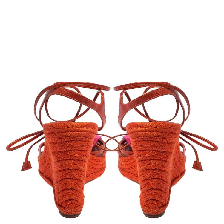 Pre Owned Ralph Lauren Collection Orange Leather Espadrille Wedge Sandals Size 38