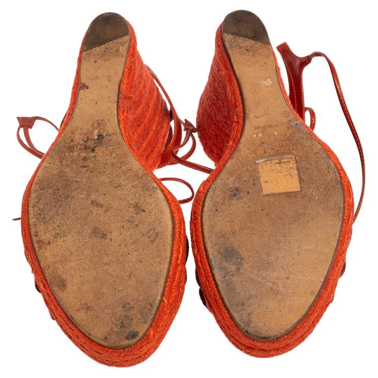 Pre Owned Ralph Lauren Collection Orange Leather Espadrille Wedge Sandals Size 38