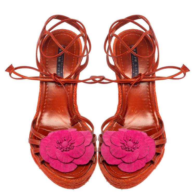 Pre Owned Ralph Lauren Collection Orange Leather Espadrille Wedge Sandals Size 38