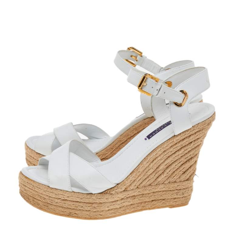 Pre Owned Ralph Lauren Collection White Leather Criss Cross Espadrilles Platform Wedge Ankle Strap Sandals Size 40
