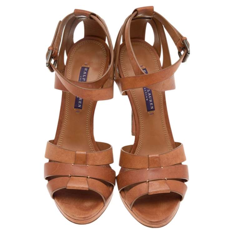 Pre Owned Ralph Lauren Collection Brown Leather Ankle Strap Sandals Size 40.5