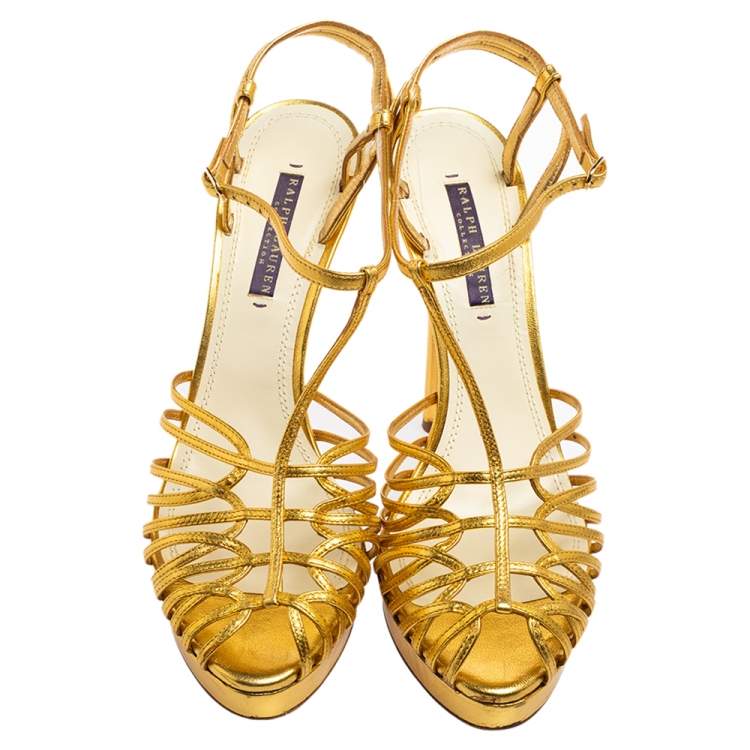 Pre Owned Ralph Lauren Gold Leather Peep-Toe Ankle-Strap Sandals Size 41 