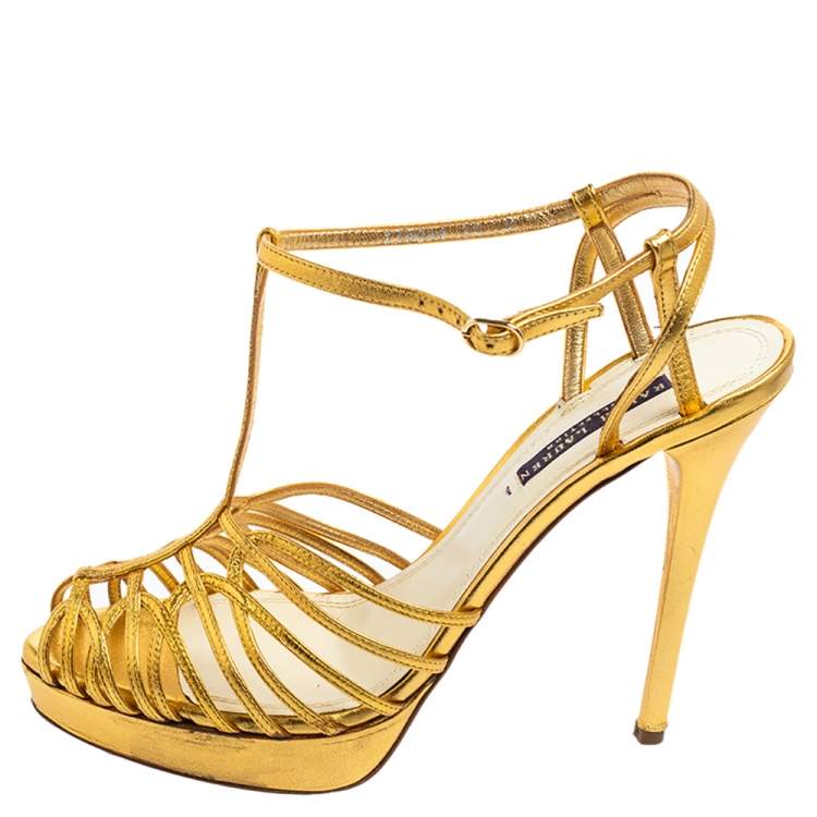 Pre Owned Ralph Lauren Gold Leather Peep-Toe Ankle-Strap Sandals Size 41 