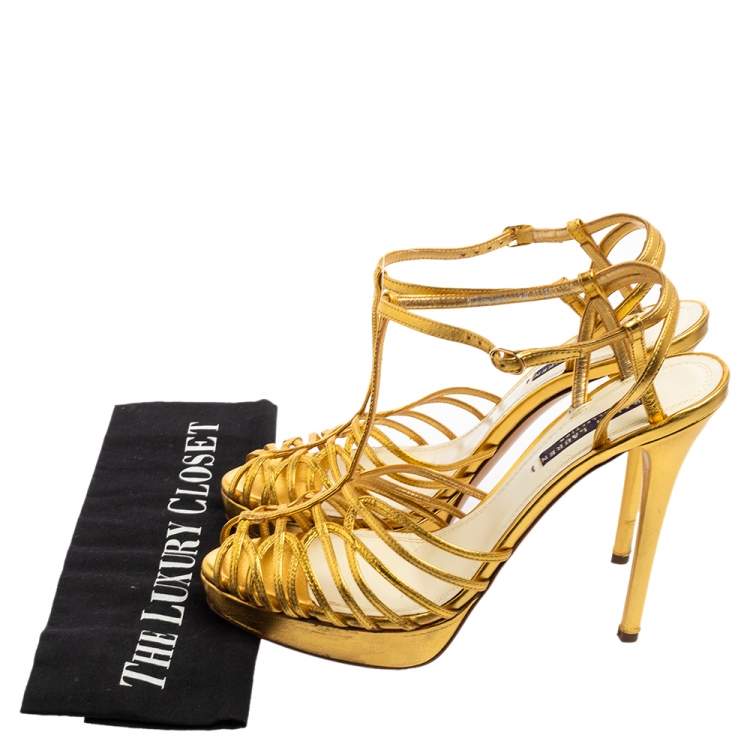 Pre Owned Ralph Lauren Gold Leather Peep-Toe Ankle-Strap Sandals Size 41 