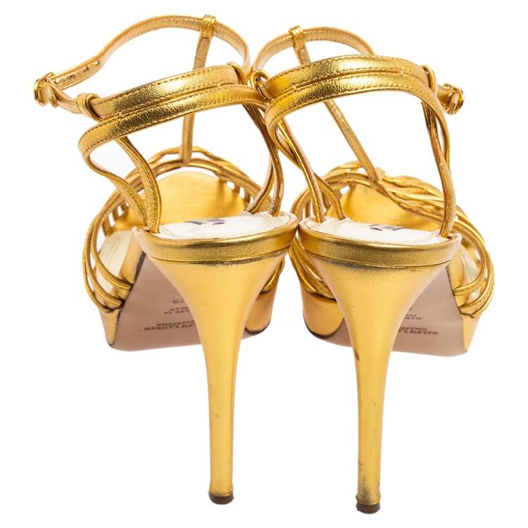 Pre Owned Ralph Lauren Gold Leather Peep-Toe Ankle-Strap Sandals Size 41 
