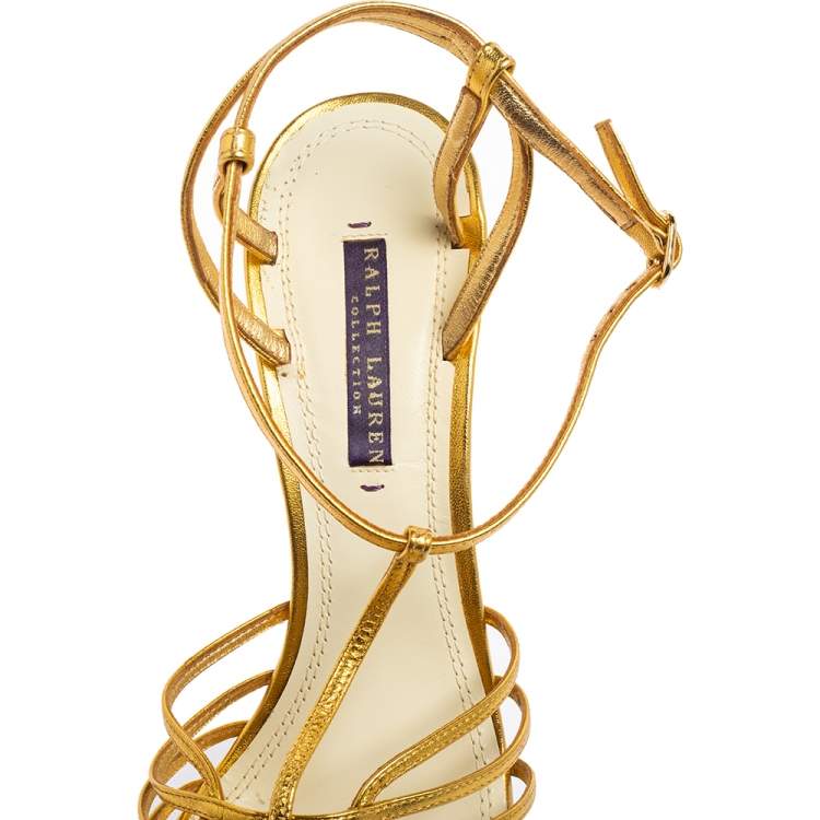 Pre Owned Ralph Lauren Gold Leather Peep-Toe Ankle-Strap Sandals Size 41 