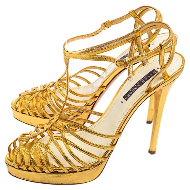 Pre Owned Ralph Lauren Gold Leather Peep-Toe Ankle-Strap Sandals Size 41 