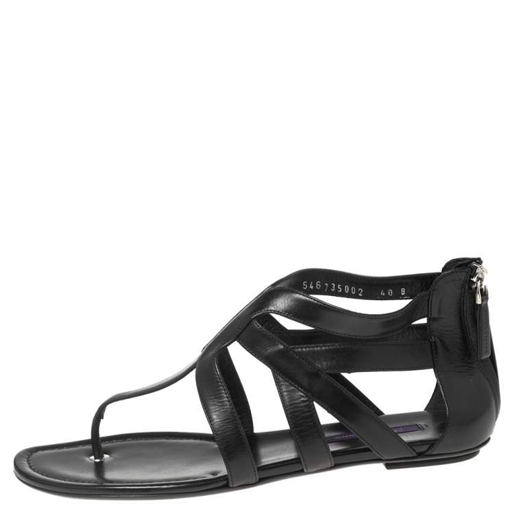 Pre Owned Ralph Lauren Black Leather T-Strap Flat Sandals Size 40