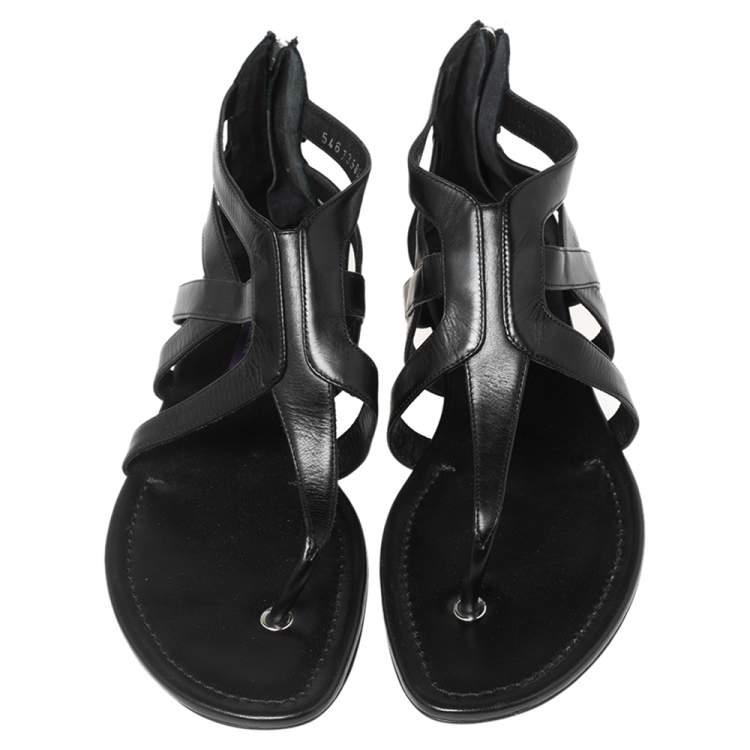 Pre Owned Ralph Lauren Black Leather T-Strap Flat Sandals Size 40