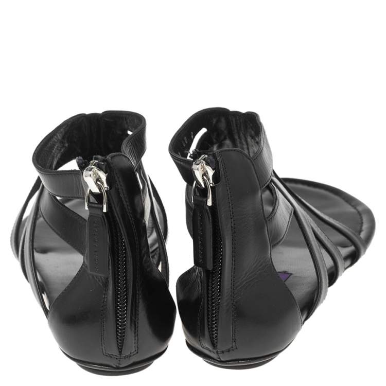 Pre Owned Ralph Lauren Black Leather T-Strap Flat Sandals Size 40