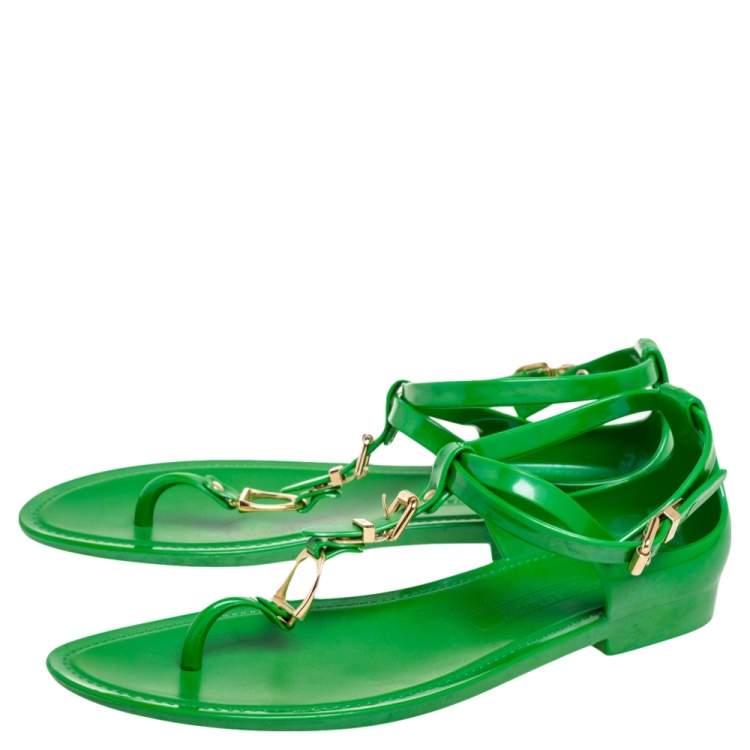 Pre Owned Ralph Lauren Collection Green Jelly Thong Ankle Strap Flat Sandals Size 40