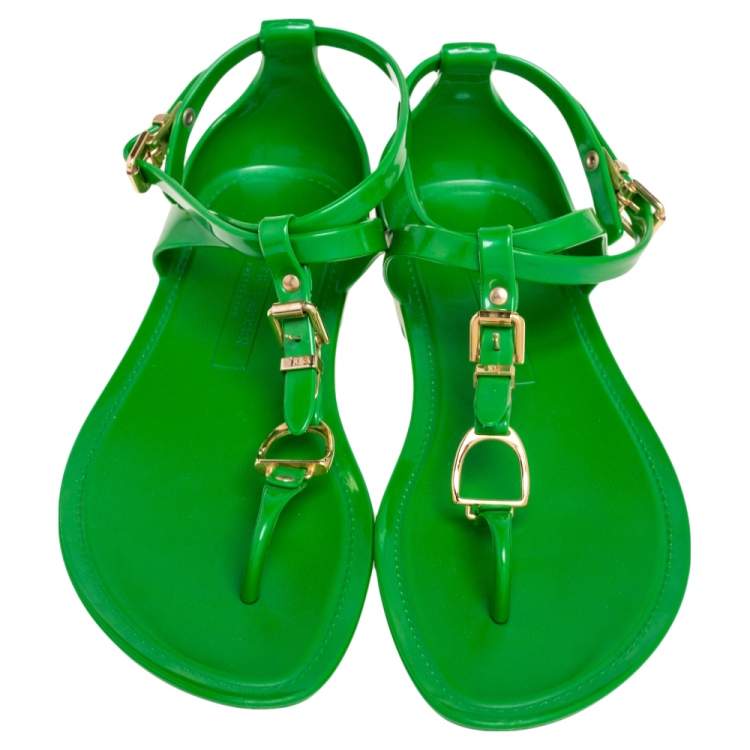 Pre Owned Ralph Lauren Collection Green Jelly Thong Ankle Strap Flat Sandals Size 40