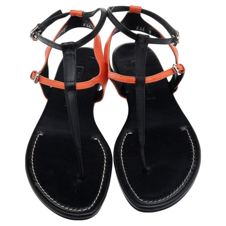 Pre Owned Ralph Lauren Collection Black/Orange Leather Thong Flat Sandals Size 38.5