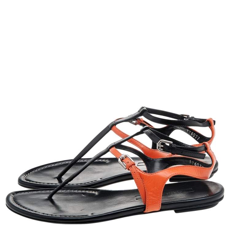 Pre Owned Ralph Lauren Collection Black/Orange Leather Thong Flat Sandals Size 38.5