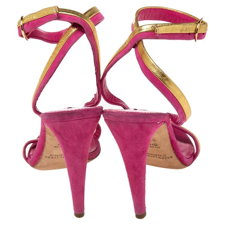 Pre Owned Ralph Lauren Collection Pink/Gold Suede and Leather Ankle-Strap Sandals Size 36.5