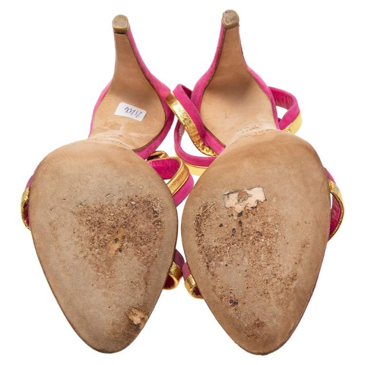 Pre Owned Ralph Lauren Collection Pink/Gold Suede and Leather Ankle-Strap Sandals Size 36.5