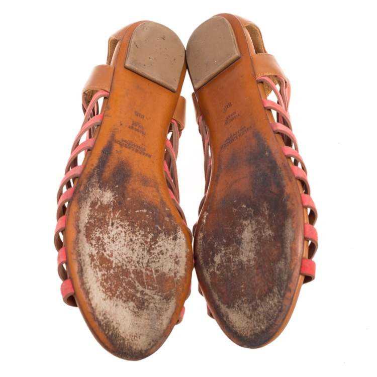 مملوكة مسبقًا Ralph Lauren Collection Tan/Red Leather and Suede Flat Gladiator Sandals Size 40
