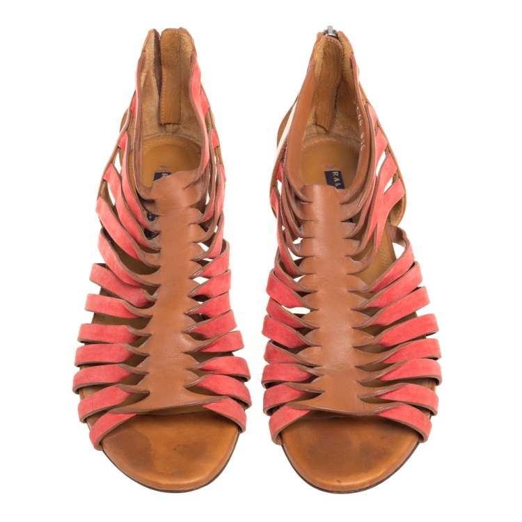مملوكة مسبقًا Ralph Lauren Collection Tan/Red Leather and Suede Flat Gladiator Sandals Size 40