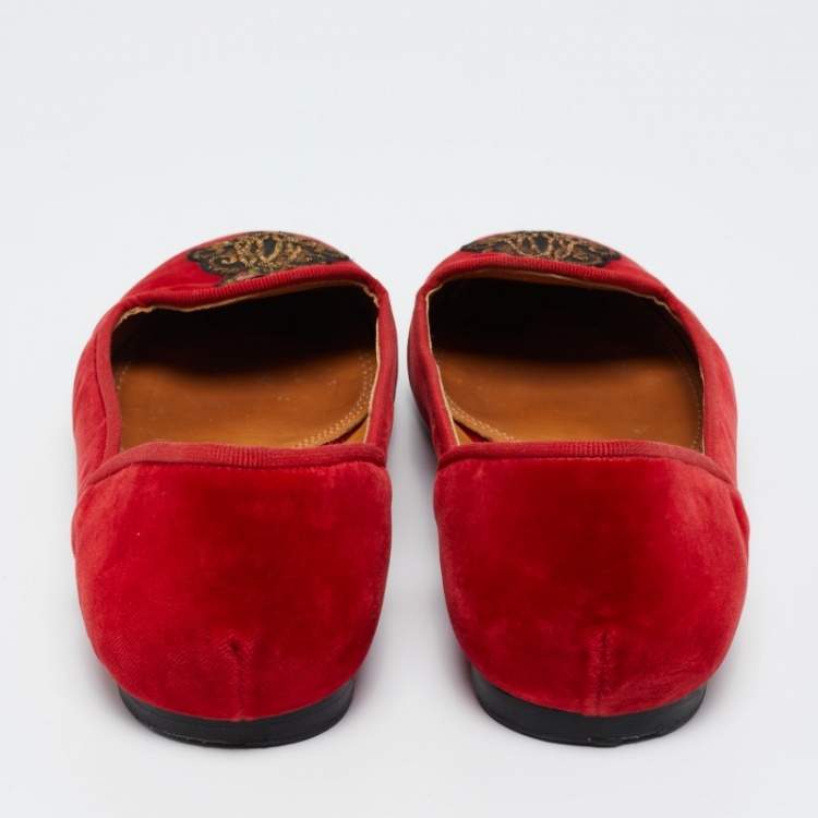 Pre Owned Ralph Lauren Collection Red Velvet Embroidered Ballet Flats Size 40
