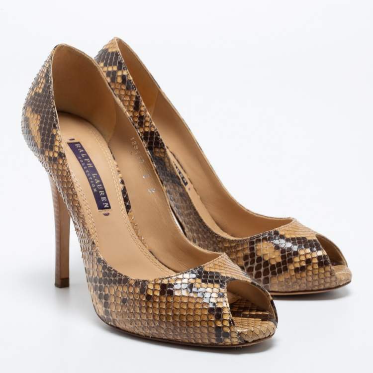 Pre Owned Ralph Lauren Beige/Brown Python Peep Toe Pumps Size 36.5