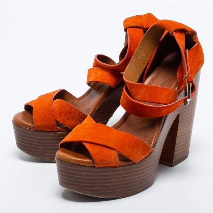 Pre Owned Ralph Lauren Collection Orange Suede Alannah Sandals Size 37