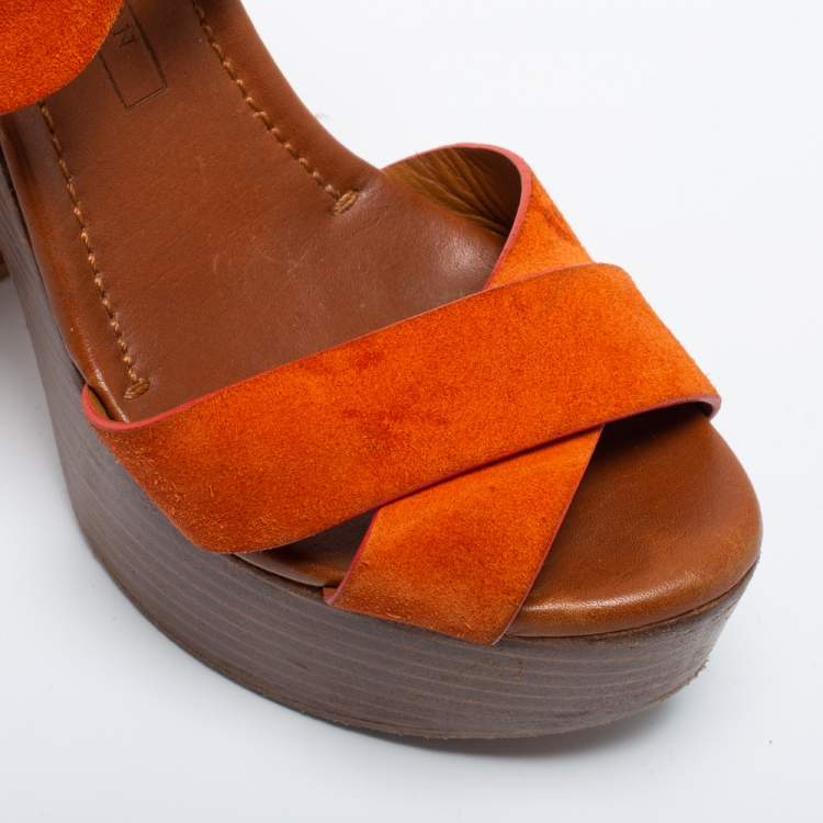 Pre Owned Ralph Lauren Collection Orange Suede Alannah Sandals Size 37