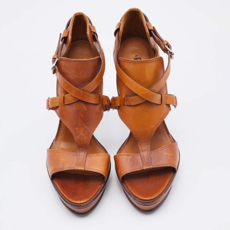 Pre Owned Ralph Lauren Collection Brown Leather Platform Sandals Size 39