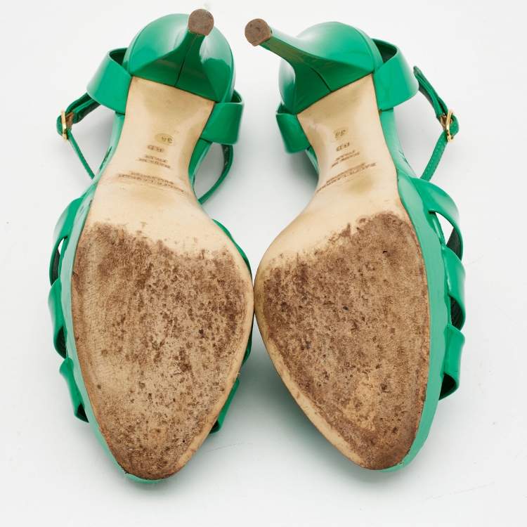 Pre Owned Ralph Lauren Collection Green Patent Leather T Strap Peep Toe Sandals Size 38