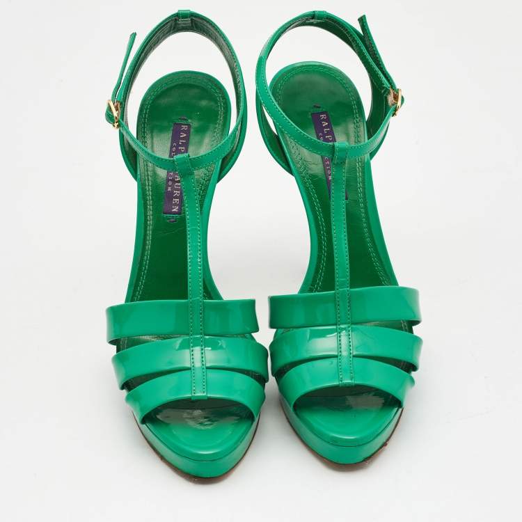 Pre Owned Ralph Lauren Collection Green Patent Leather T Strap Peep Toe Sandals Size 38