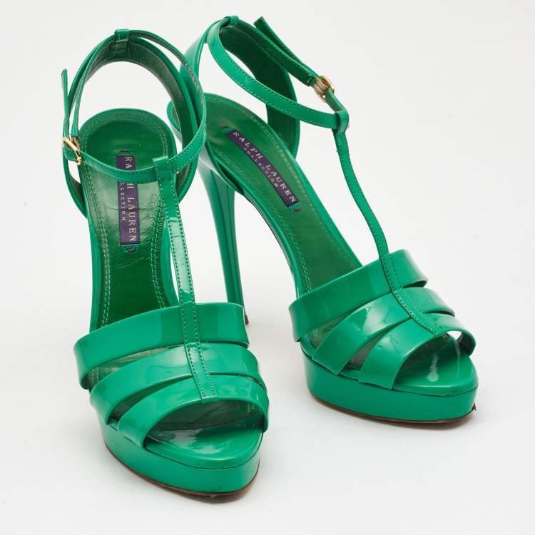 Pre Owned Ralph Lauren Collection Green Patent Leather T Strap Peep Toe Sandals Size 38
