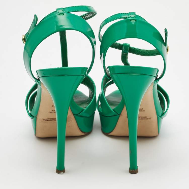 Pre Owned Ralph Lauren Collection Green Patent Leather T Strap Peep Toe Sandals Size 38
