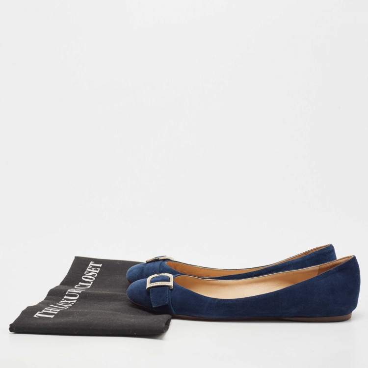 Pre Owned Ralph Lauren Collection Navy Blue Suede D Buckle Ballet Flats Size 36