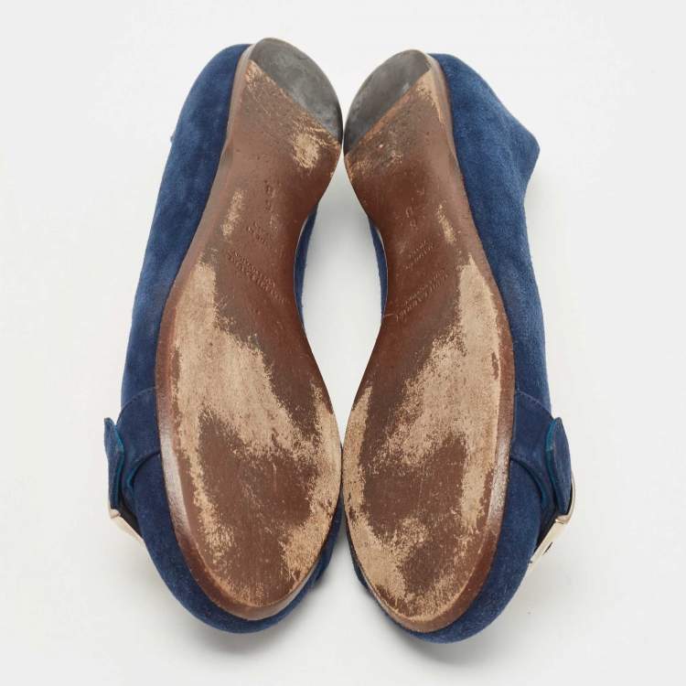 Pre Owned Ralph Lauren Collection Navy Blue Suede D Buckle Ballet Flats Size 36