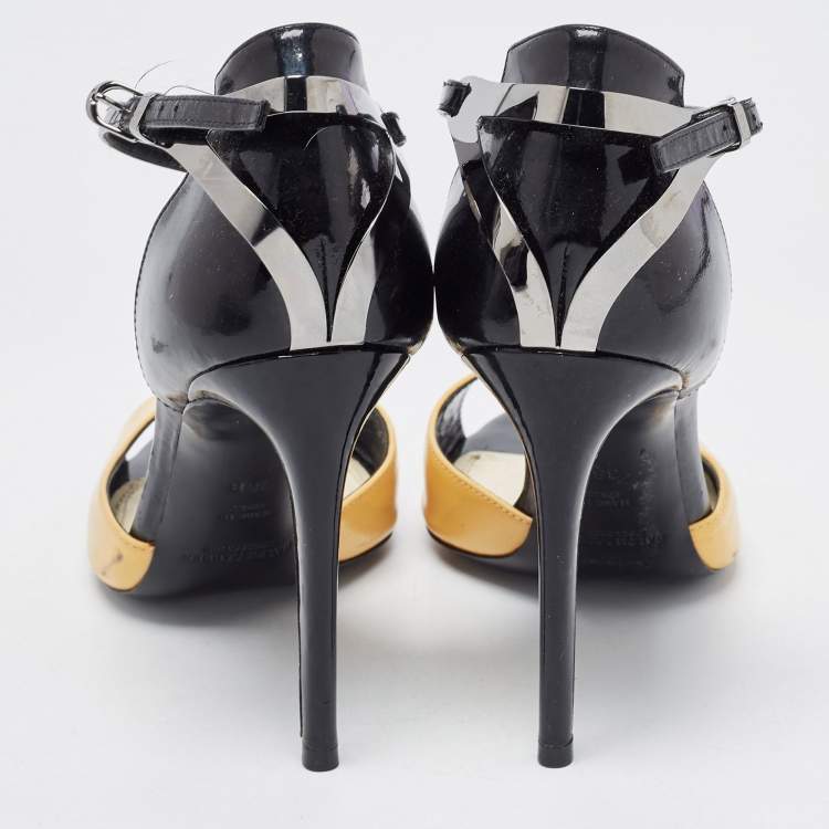 Pre Owned Ralph Lauren Collection Black/yellow Patent Leather Peep Toe Sandals Size 38