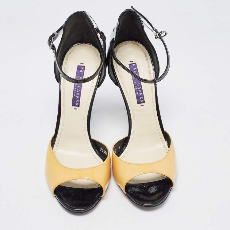 Pre Owned Ralph Lauren Collection Black/yellow Patent Leather Peep Toe Sandals Size 38