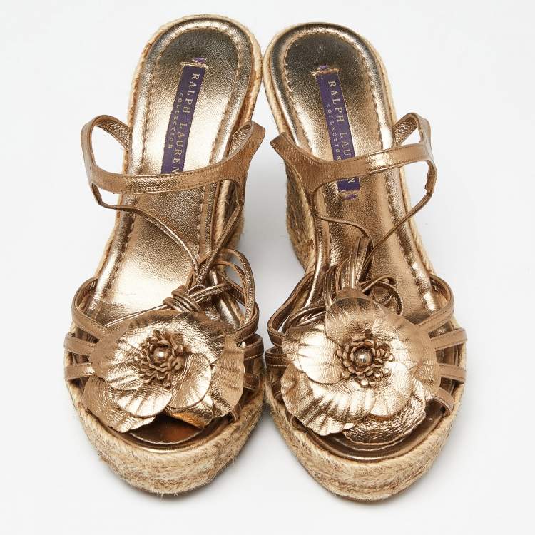 Pre Owned Ralph Lauren Collection Metallic Leather Flower Applique Espadrille Wedge Ankle Tie Sandals Size 37