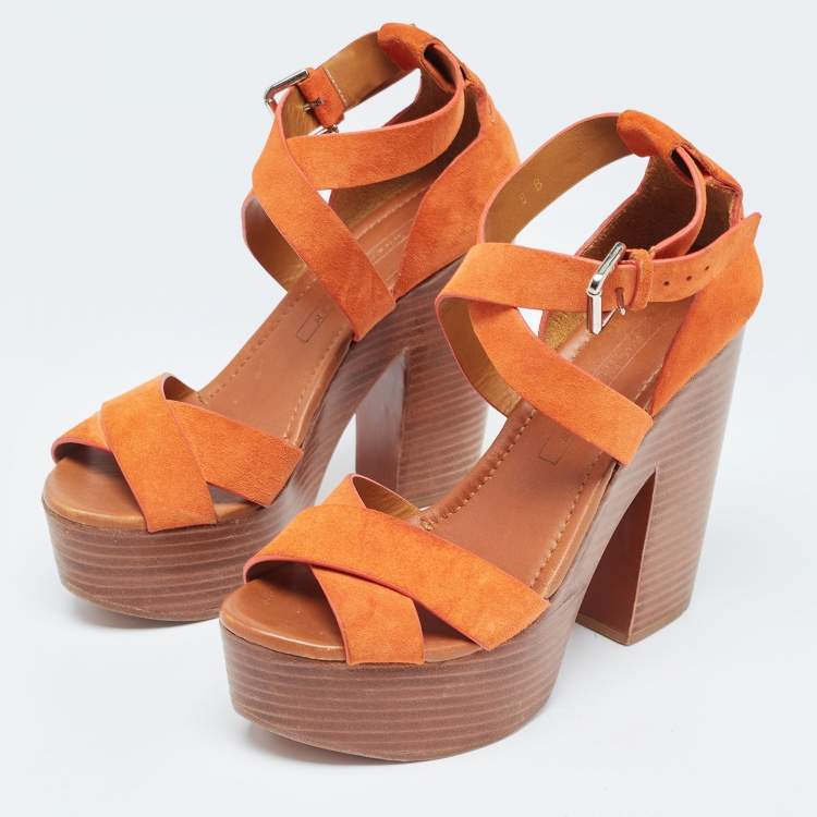 Pre Owned Ralph Lauren Collection Orange Suede Alannah Sandals Size 38